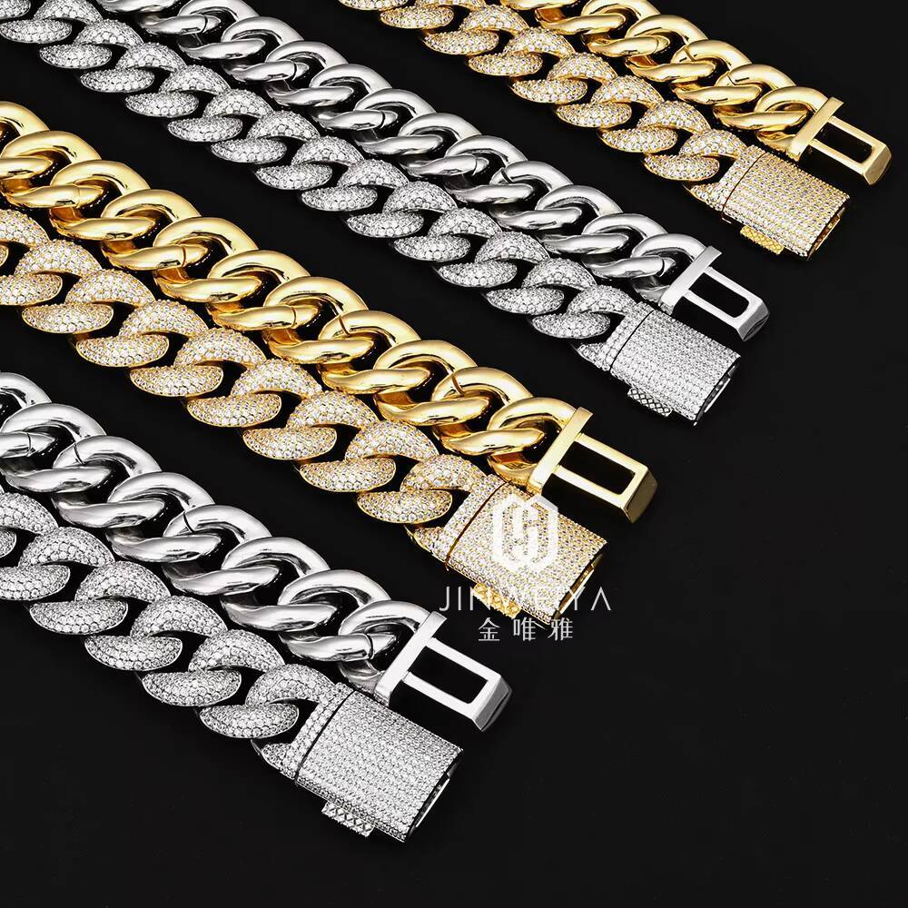 Luxury VVs Moissanite Full Iced Out Cuban Link Chain Hip Hop Real Gold Plated Bracelet with Box Clasp for Women