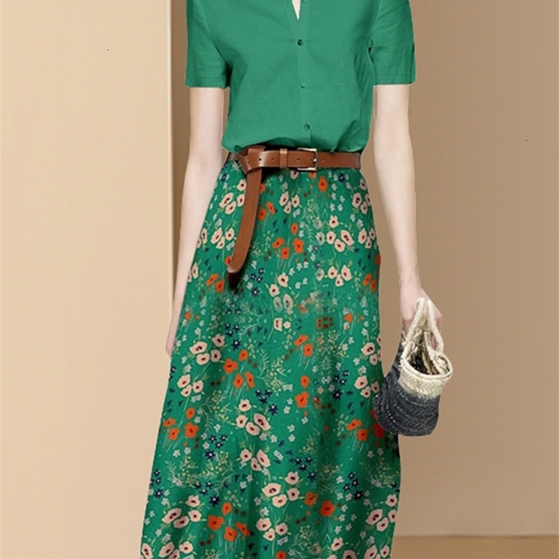 Two Piece Dress EVNISI Summer Women Two Piece Outfit Print Chiffon Short Sleeve Blouse Sashe Skirt Set Woman Casual 2 Piece Sets Suit 230422