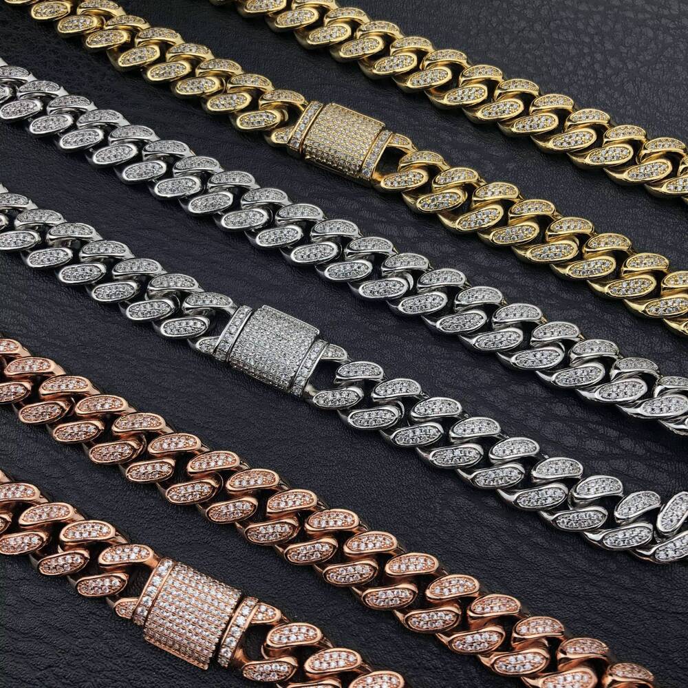 12mm Hip Hop Ice Out Big Box Buckle Cuban Chain Copper Moissanite Necklace in Yellow Gold and White Gold