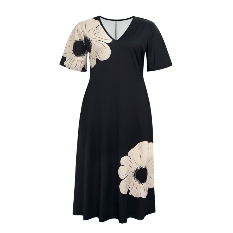 Women's Plus Size V-Neck Short Sleeve Floral Print Maxi Dress - Black Milk Silk Casual Daily Commute Dress-YL25298
