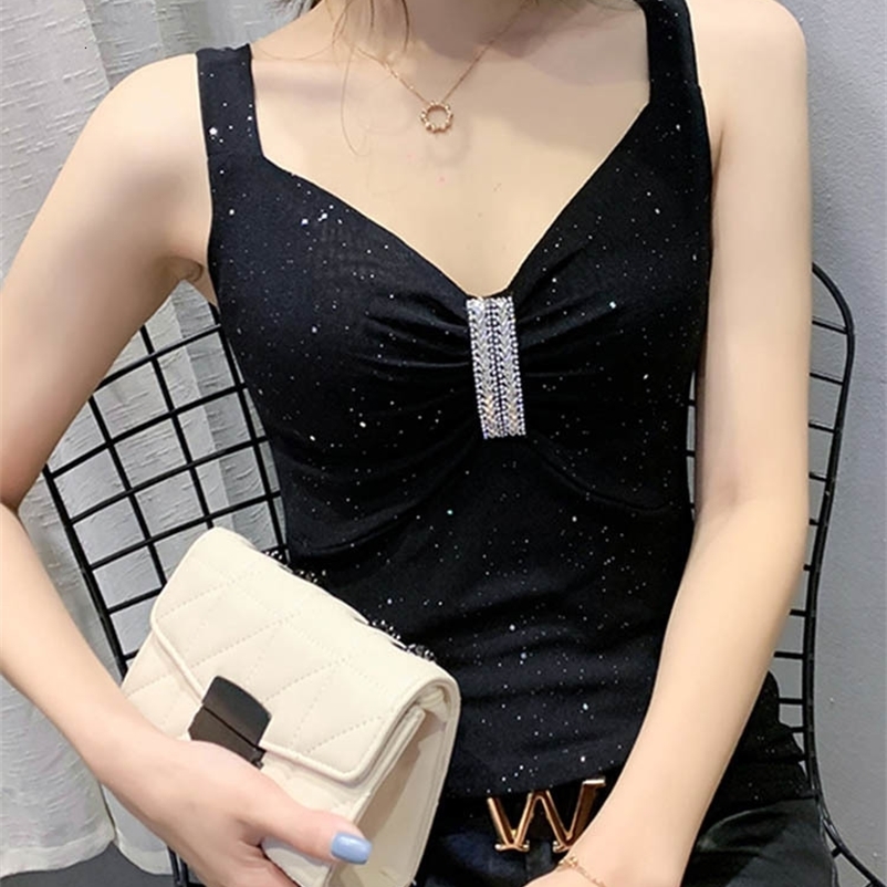Camisoles Tanks MadBlack Summer Korean Apparel Mesh Tank Top Fashion Sexy V-neck Edge Diamond Shiny Women's Top Sleeveless All Match T25914L 2304