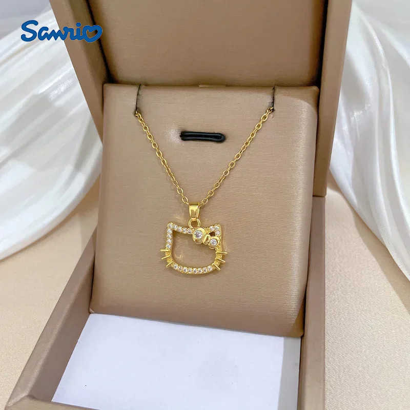 Sanrio Stainless Steel Chain Gold Color Hello Kitty Head with Zircon Pendant Necklaces for Women Girls Cartoon Cute Jewelry Gifts L250925