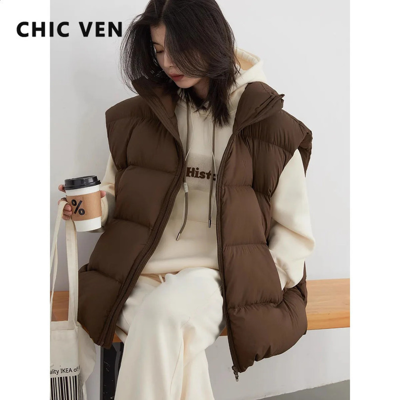 CHIC VEN Womens Tank Top Solid Stand Collar Down Jacket Sleeveless Coat Autumn Winter 240910