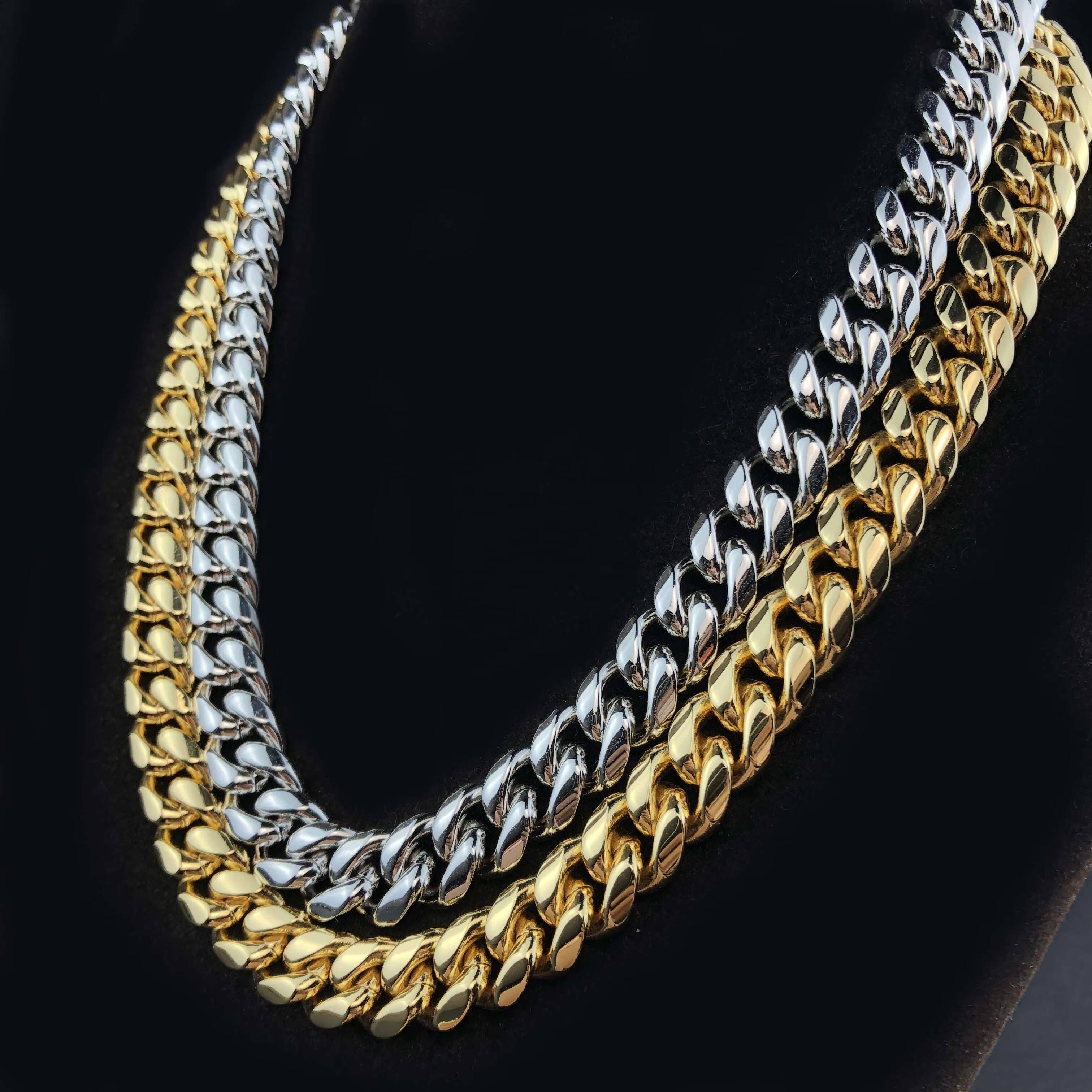 81012MM Iced Out Clasp Miami Sterling SilverCuban Link Chain Necklaces in Yellow Gold and White Gold