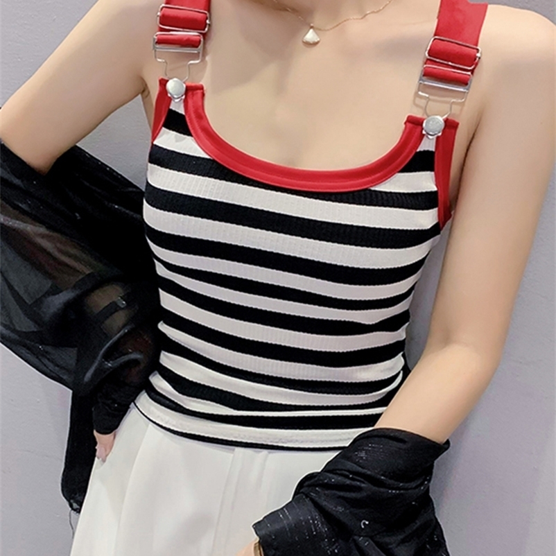 Camisoles Tanks MadBlack Summer European Clothes Knitted Tank Tops Women Sexy Slim Striped Camisole Vest Sleeveless Tshirts T34612X 230518