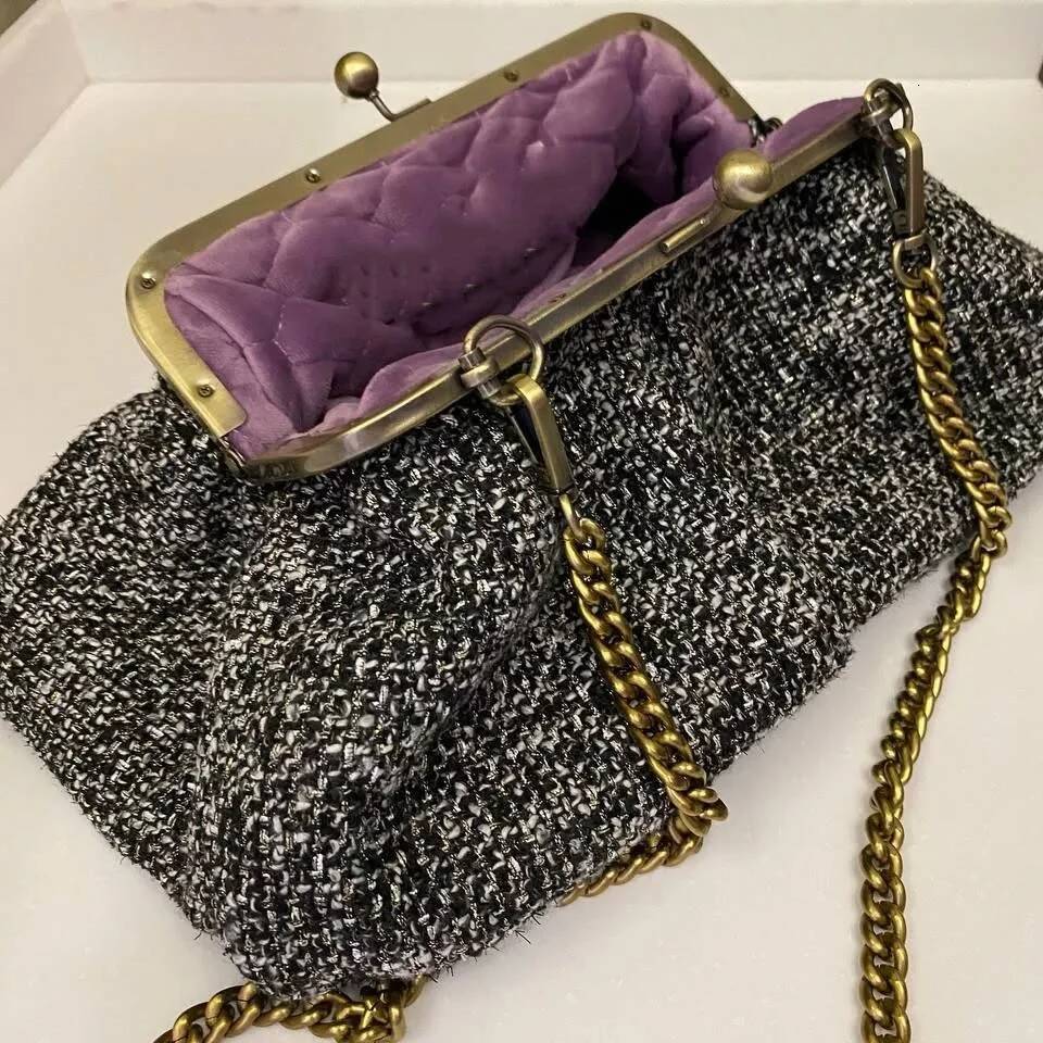 Lost in Vintage Grace Tweed Kisslock Hand Bag Shoulder Bags Frame Clutch Detachable Chain 32x17 x5cm