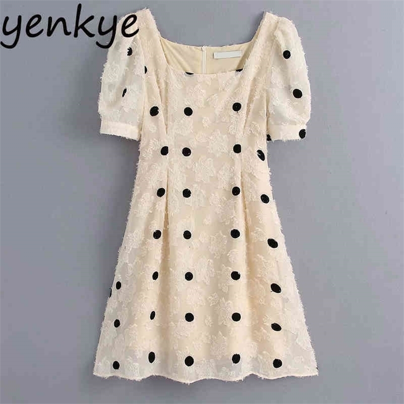 Vintage Polka Dot Women Dress Short Sleeve Square Neck High Waist Slim A-line Sundress Elegant Party Dresses Summer vestido 210515