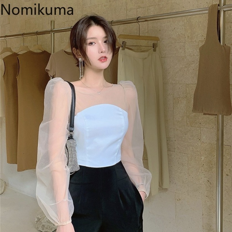 Nomikuma Sexy Slim Short Women Blouse Back Bowknot Hollow-out Blusas Femme New Perspective Mesh Patchwork Shirt 6C429 210427