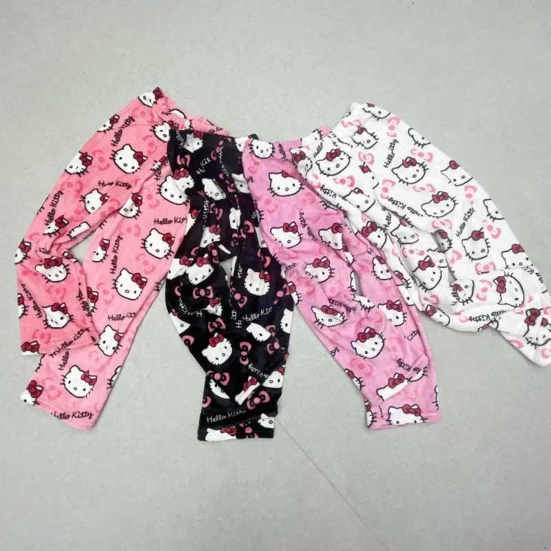 Sanrio 2024 Hello Kitty Pajamas Halloween Flannel Fashion Trouserswomen Kawaii Woolen Anime Cartoon Casual Home Pants Autumn L250925