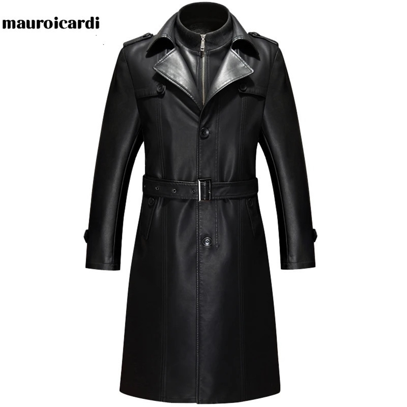 Mauroicardi Spring Autumn Long Black Leather Blazers Men Belt Plus Size Waterproof Windproof Pu Leather Coat for Men 3xl 4xl 5xl 240126
