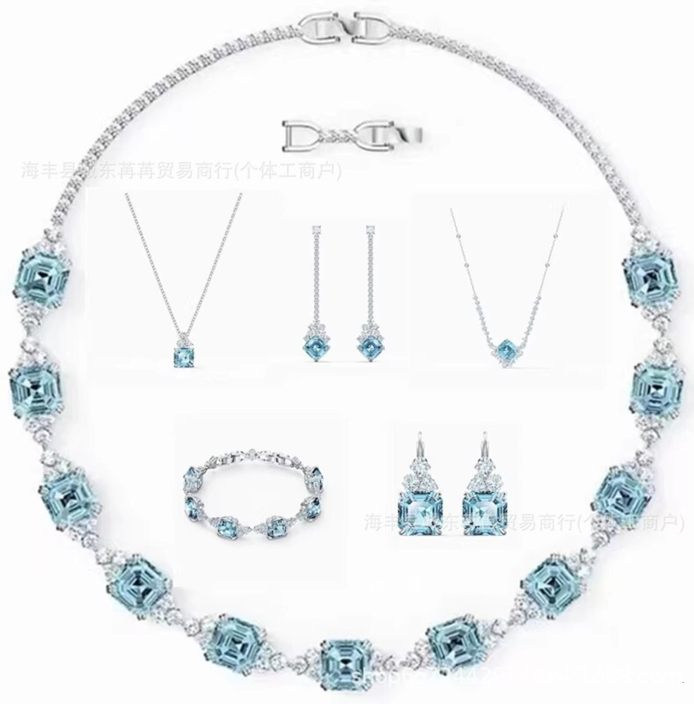 Swarosvski Woman Swarovksi Necklace Designer Swan Jewelry Ocean Blue Crystal Necklace for Women Square DiamondShaped Bracelet Earrings Ear Collarbone Chain 2025