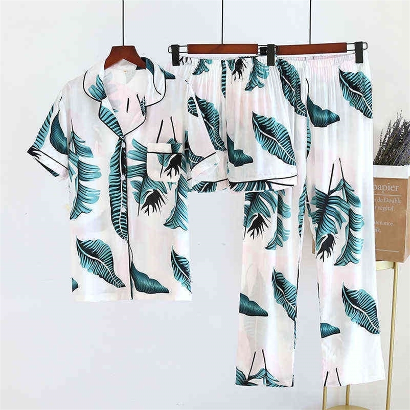 Women's Spring And Summer100%Viscose Pajamas Three-piece Short Sleeve + Shorts + Trousers Soft And Comfortable Homewear 211109