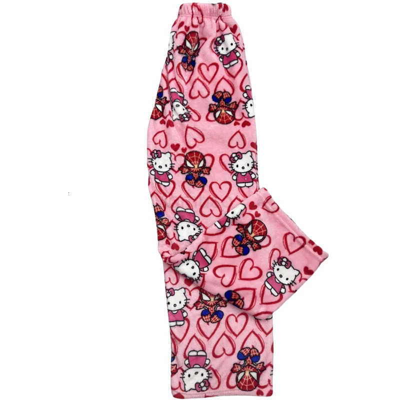 Sanrio 2024 New Y2K Hello Kitty SpiderMan Pajamas Pants Trousers Anime Cartoon Men and Women Flannel Loose Warm Home Pants L250925