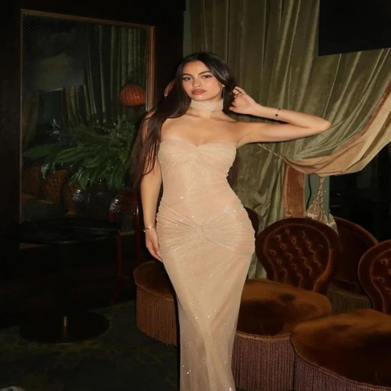 Sexy sequin mesh womens dress ultrathin shoulder sleeveless see through party summer fashion club robe 240809