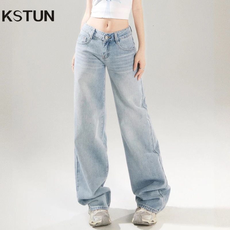 KSTUN Spring Womens Wide Leg Jeans Street Clothing Loose Straight Denim Pants Retro Low Waist Jeans 250415