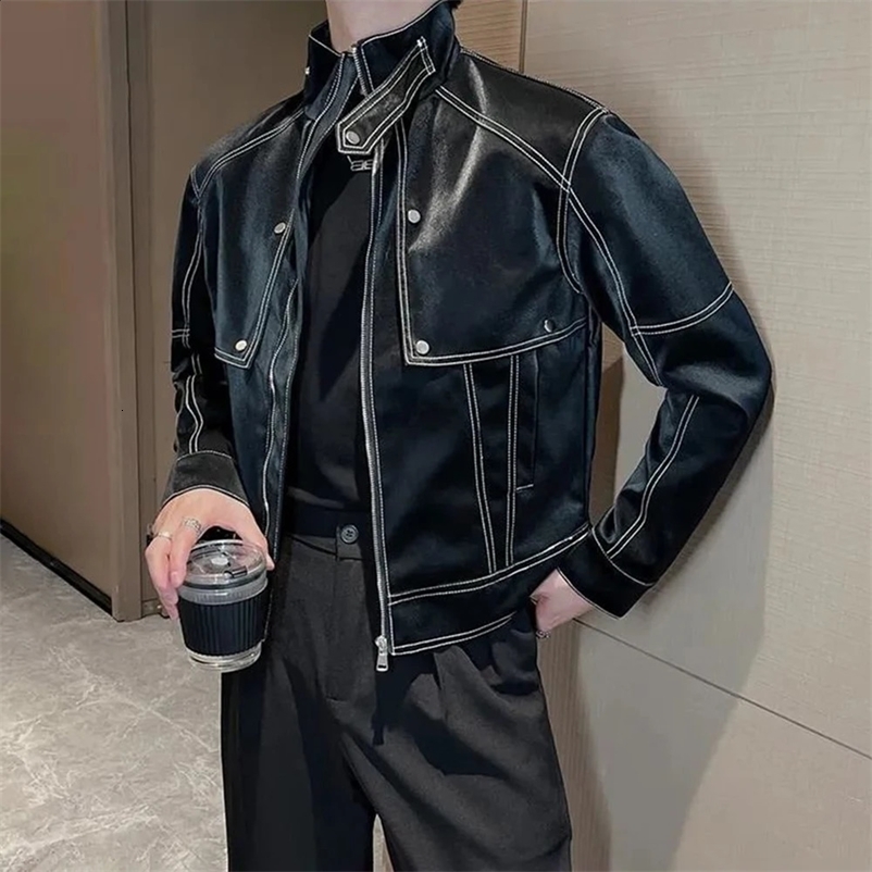Men Y2k Matte Biker Leather Jacket Genderless Autumn Winter Nightclub Trendy Street Stand Collar Topstitch Leather Jacket Unisex 240809