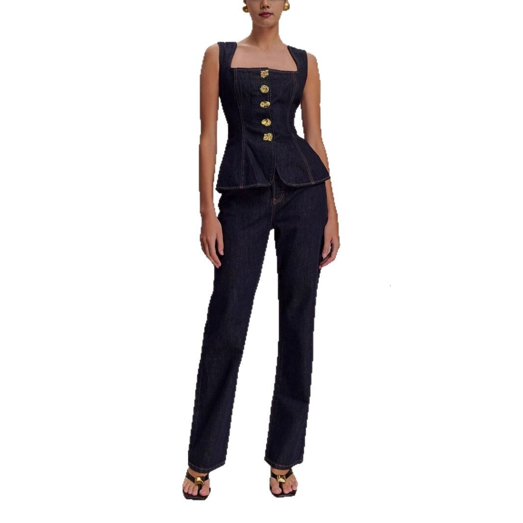 2025 Women's Fashion Modern Style Button High Waist Denim Top and Pants Set 30857