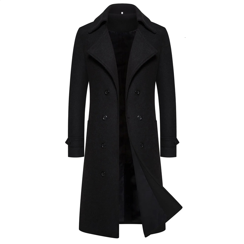 Mens autumn/winter double row button wool jacket long sleeved casual trench coat smooth silhouette coat 241203