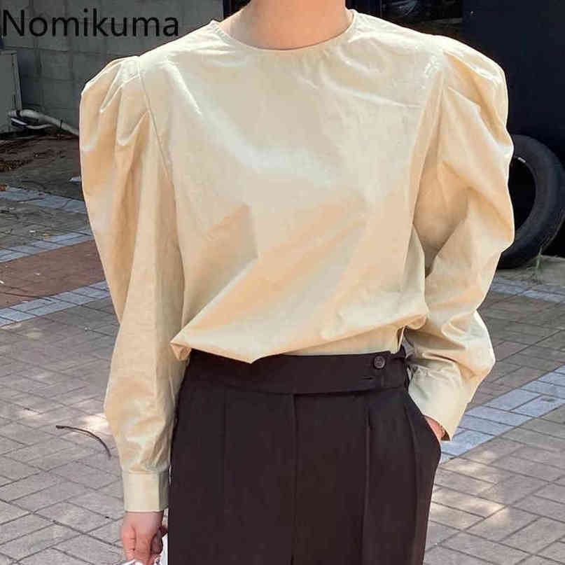Nomikuma Korean Puff Long Sleeve Women Blouse Causal O-neck Pullover Top Autumn New Solid Blusas Mujer De Moda Verano 6D577 210427