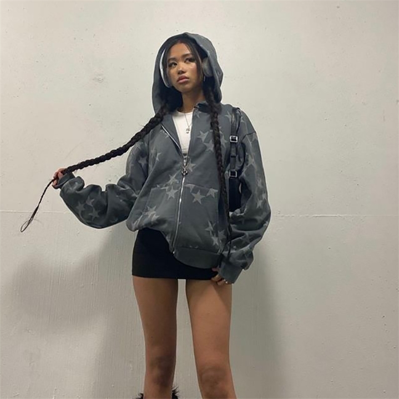 Women's Hoodies Sweatshirts Women Vintage Star Print Hoodies Fashion Casual Zip Up Long Sleeve Loose Jacket Coats Harajuku Hooded Sweatshirts Y2k