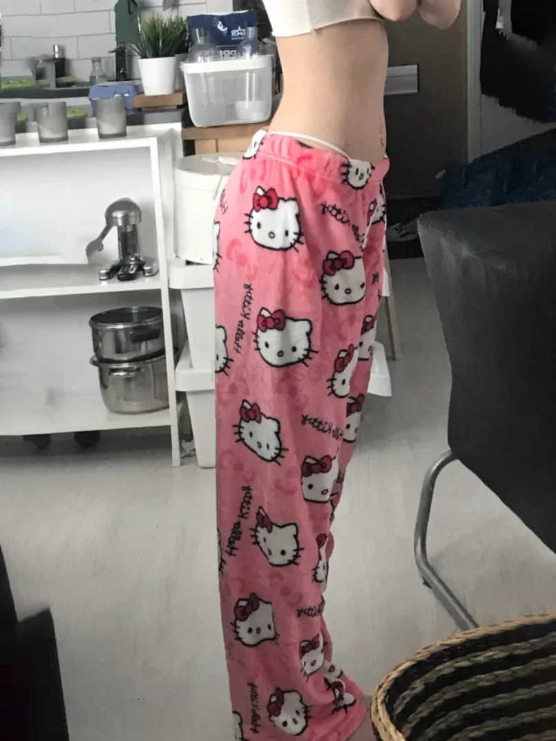 Sanrio Hello Kitty Flannel Pajamas Y2k Kawaii Anime WomenS Warm Woolen Cartoon Casual Home Pants Autumn Winter Fashion Trouser L250925