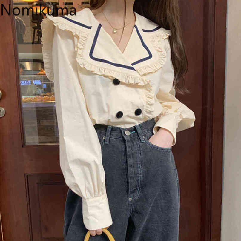 Nomikuma Women Blouse Hit Color Ruffle Peter Pan Collar Shirt Autumn New Double Breasted Long Sleeve Blusas Mujer 6D668 210427