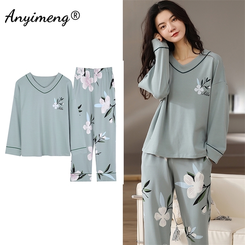 Women's Sleepwear 5XL Pajamas for Women Autumn Winter Pyjama Set Floral Printing Elegant Sleepwear Cotton Womens Pijama Set Lady Loungewear 23031