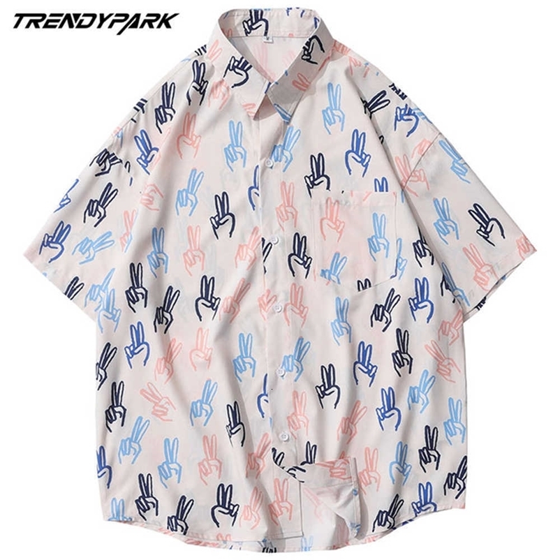 Mens Shirts Victory Sign Fingers Printed Casual Short Sleeve Beach Tops Oversize Turn-down Collar Shirt Tops 210601