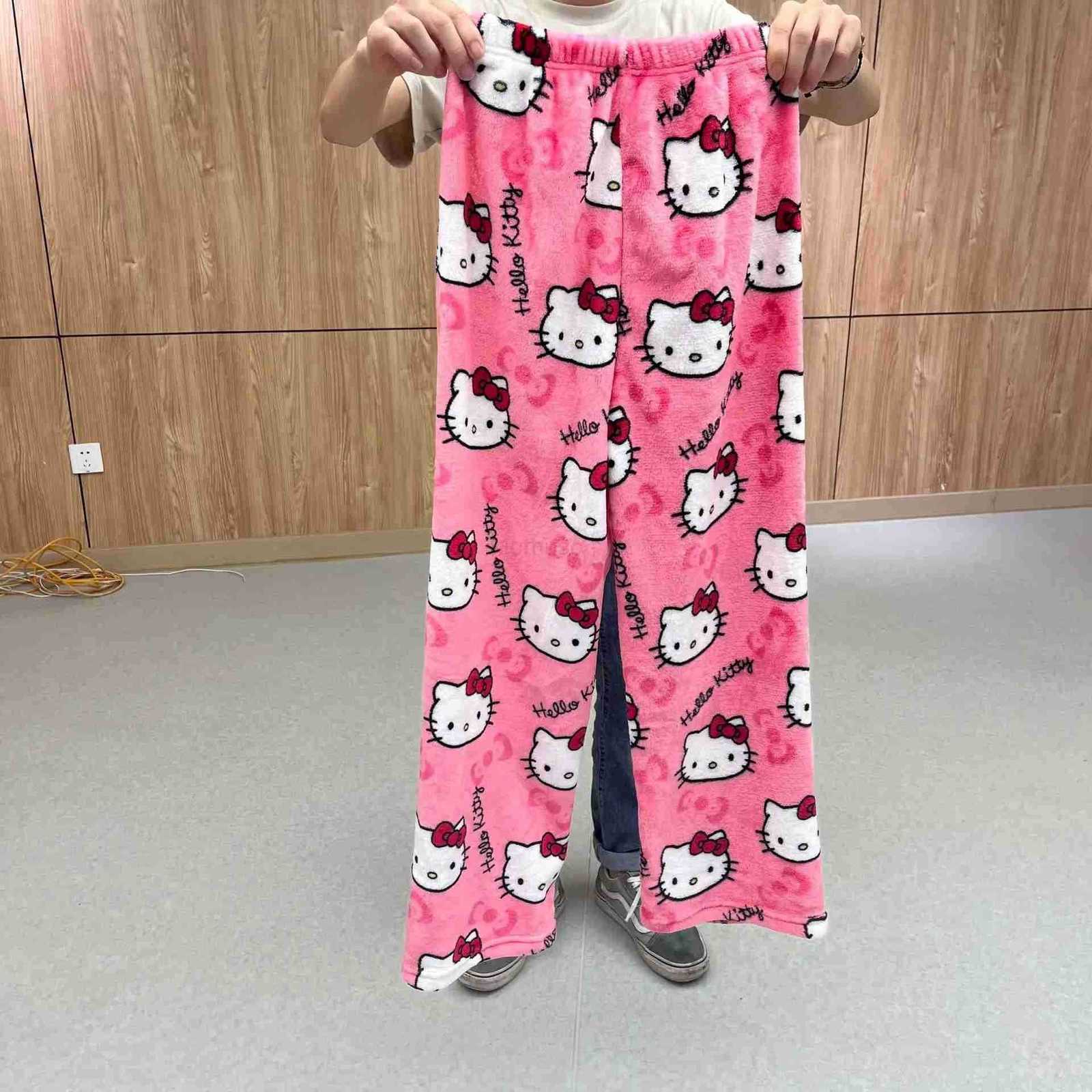 Sanrio Hello Kitty Pajamas Pants Black Pink Anime Flannel Women Warm Woolen White Cartoon Casual Home Pants Autumn Girl Trousers L250925