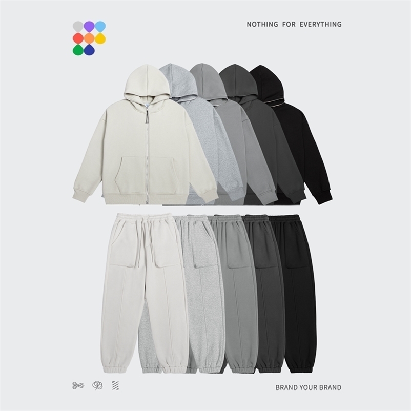 Men's Tracksuits INFLATION Zip Up Hoodies Set Men Oversized Two Pieces Set Winter Thick Fleece Casual Tracksuit Couple Zipper Sweatsuit 220909