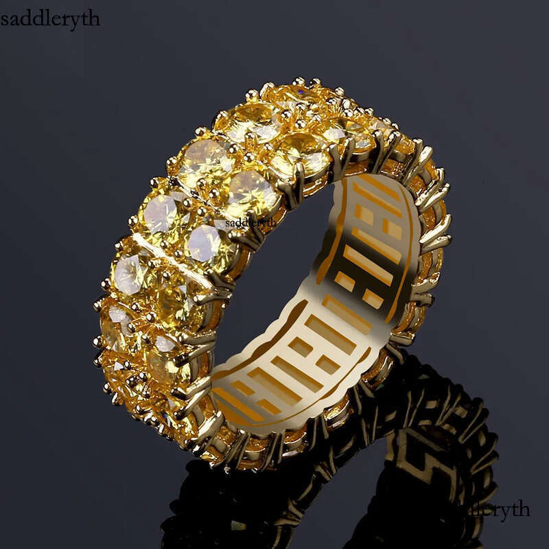 Design Color Mens Ring Micro Pave 2 Row Chain Big 3A Gold Zircon Shiny Hip Hop Finger Rings For Men Women Jewelry 3b 79 ee
