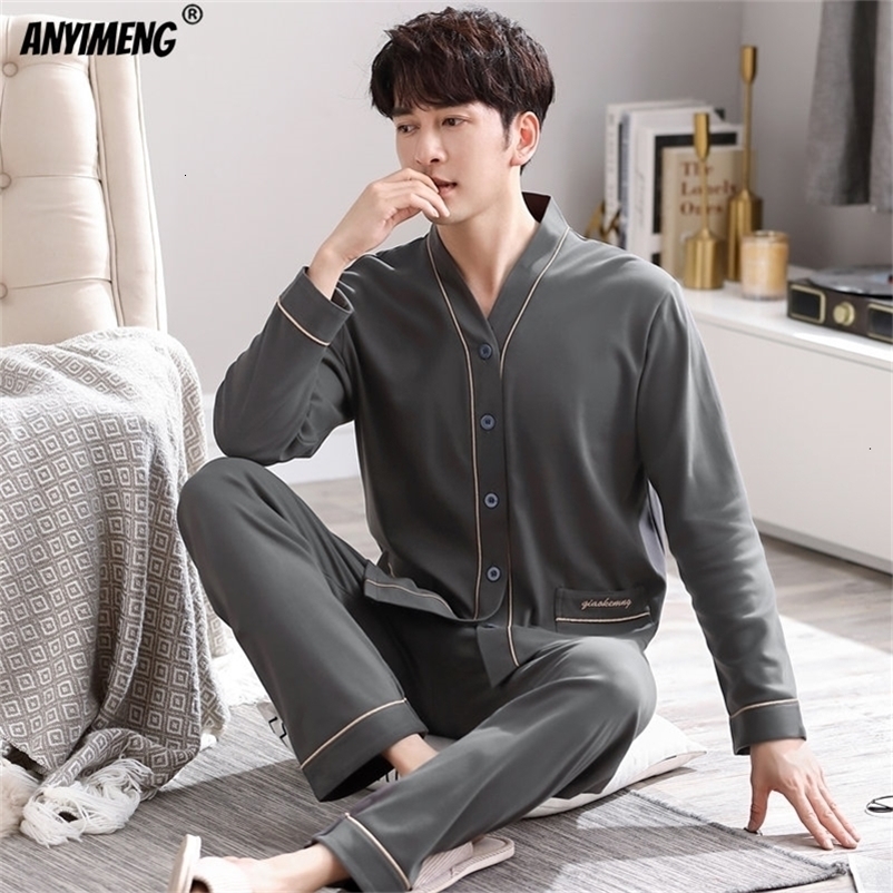 Men's Sleepwear Autumn Winter Plus Size 4XL Men Pajamas Fashion Pijamas Mens Breathe Freely Sleepwear Cotton Deep Grey Cardigan Nightwear 230317