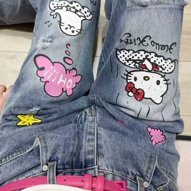Sanrio Y2K Hello Kitty Jeans American Style Retro Print WideLeg Jeans Loose Slim Jeans Drape Straight Tube TowelWearing Pants L250925