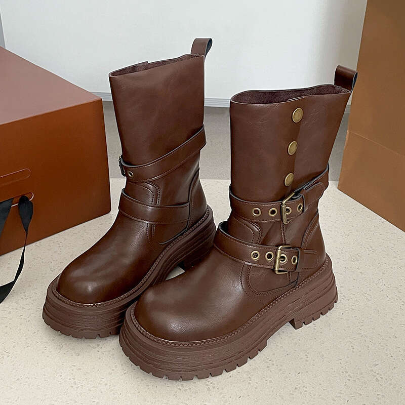 Luxury shoes Brown Chunky Designer Heel Hot Thick Sole Martin for Women 2025 New Spring Autumn British Style Slimming Height Increasing