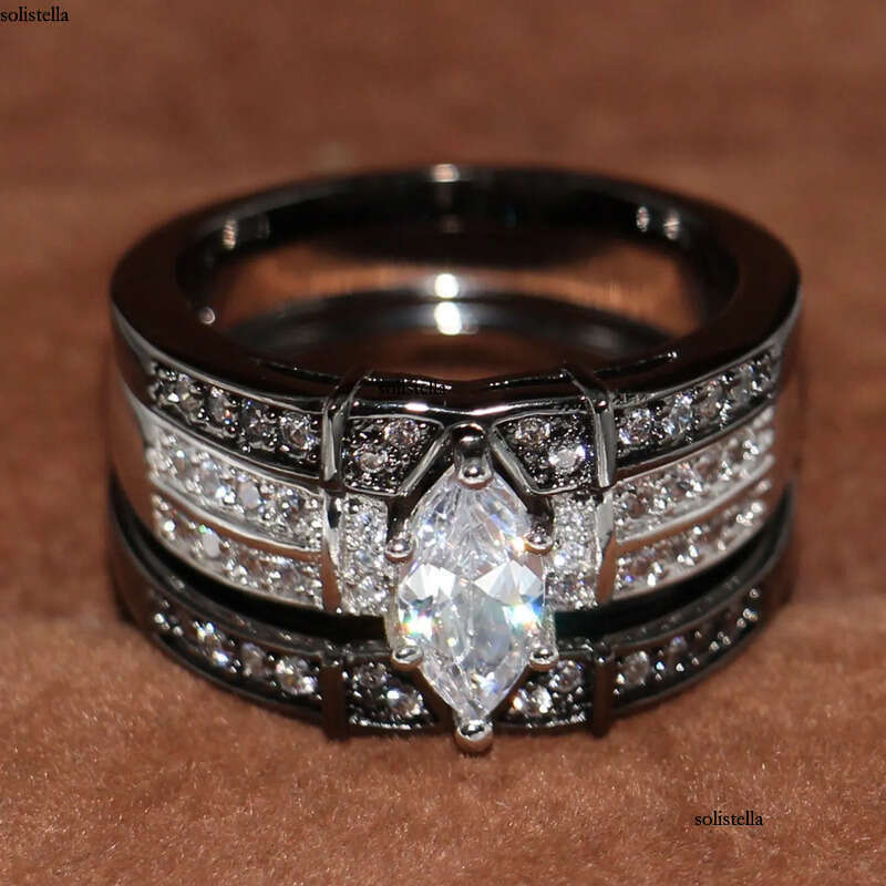 Vintage Fashion Jewelry High Quality 14KT White&Black Gold Filled Marquise CZ Dia Topaz Gemstones 3 IN 1 Wedding Couple Ring Set Gift