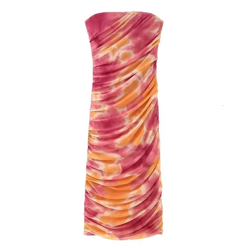 TRAF Women Fashion Strapless Printed Tulle Ruched Midi Dress Vintage Straight Neck Side Zipper Female Dresses Vestidos Mujer 240319