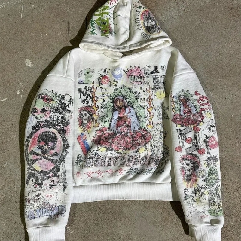 American Graffiti Print Hoodie Women Y2K Gothic Retro Street Hip Hop Loose Fashion Casual Couple Pullover Hooded Sweatshirt 240809