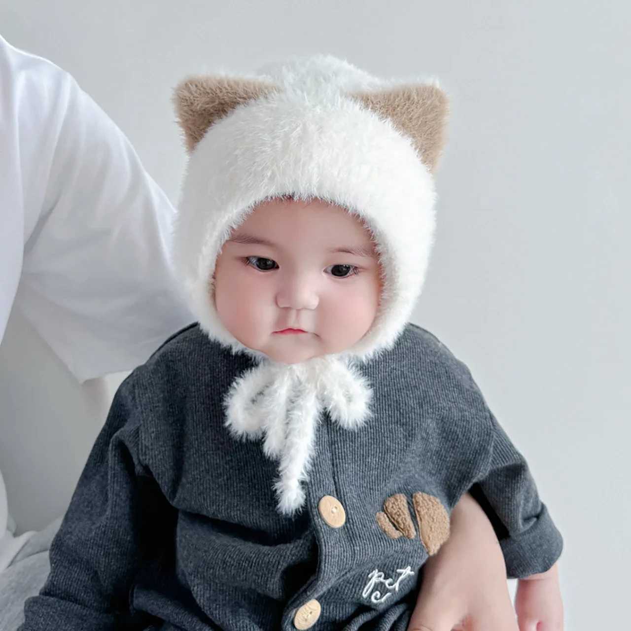 Cute Cat Baby Ear Protection Cap Winter Warm Thick Fur Knit Hat Solid Color Cartoon Kids Boy Girls Plush Hats L25092510QV