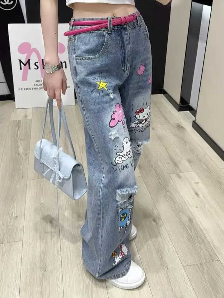 Sanrio Y2K Hello Kitty Jeans American Style Retro Print WideLeg Jeans Loose Slim Jeans Drape Straight Tube TowelWearing Pants L250925