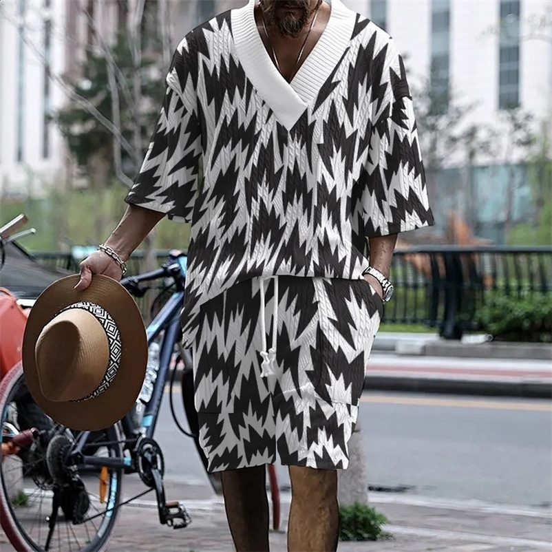 High Quality Knitted Mens Set Summer V-neck Half Sleeve T-shirt and Shorts Two Casual Striped 3D Mens Clothing 241203