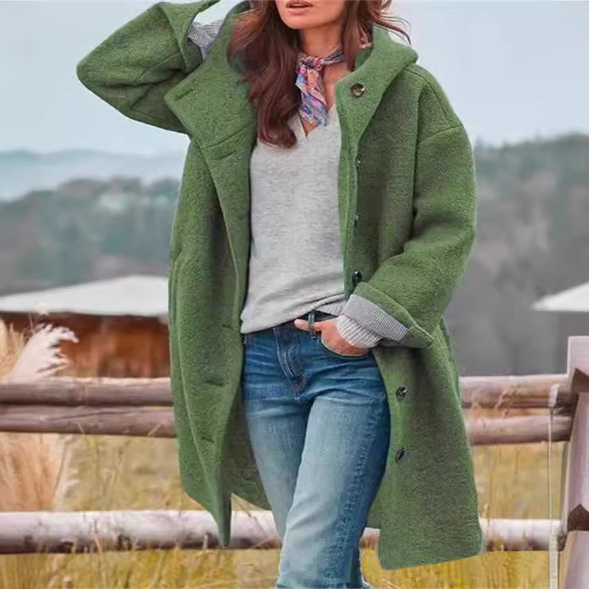 Autumn Winter Women's Sleeve Long Hooded Woolen Casual Loose Coat
