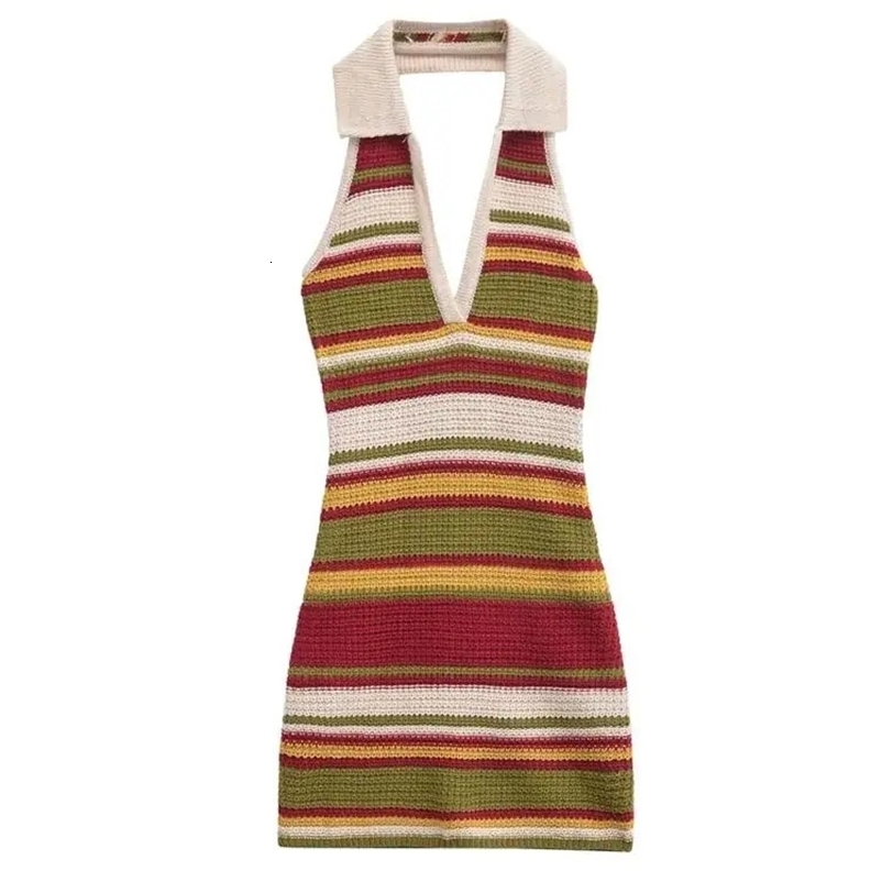 TRZA Womens Striped Crochet Knitted Mini Dress backless halter neckline womens dress sexy and fashionable 250317
