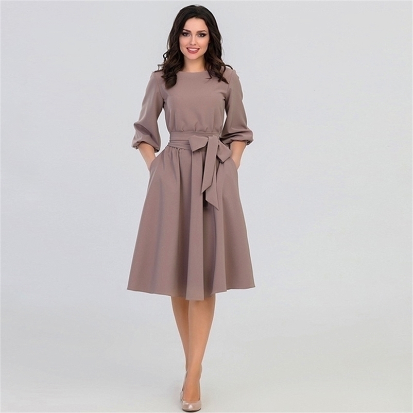 QRWR Summer Autumn Women Dress Solid Color High Waist A Line Ladies Midi Dresses Casual Puff Sleeve Vintage Dress Women 210630