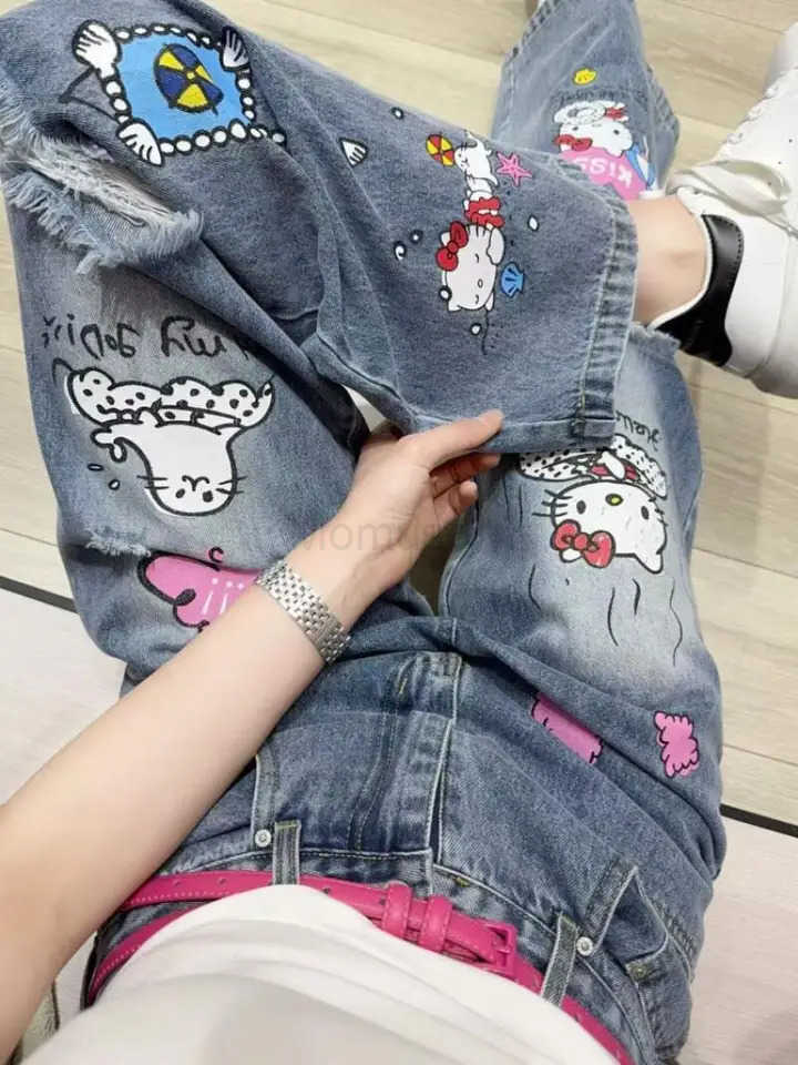 Sanrio Y2K Hello Kitty Jeans American Style Retro Print WideLeg Jeans Loose Slim Jeans Drape Straight Tube TowelWearing Pants L250925