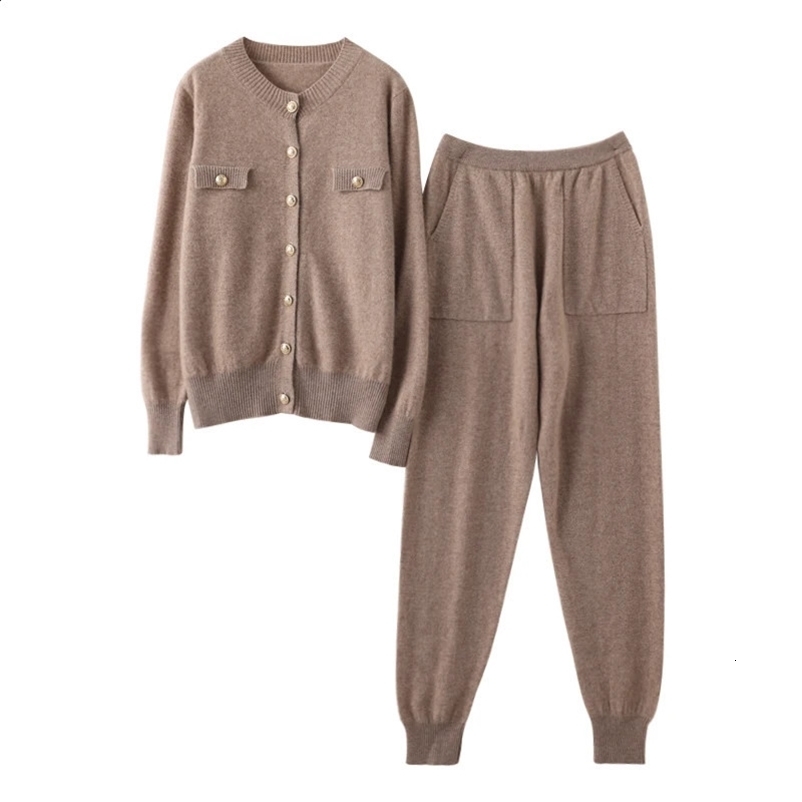 High End Womens Set 100% Pure Wool Knitted Sweater Cashmere Slim Fit Cardigan Small Leg Pants Autumn And Winter Two-Piece Set 241217