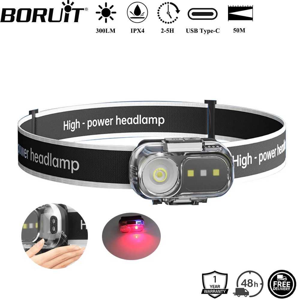 BORUiT 300LM Red White Motion Sensor LED Mini Headlamp Typec Rechargeable Headlight Waterproof Camping Fishing Head Torch J250925