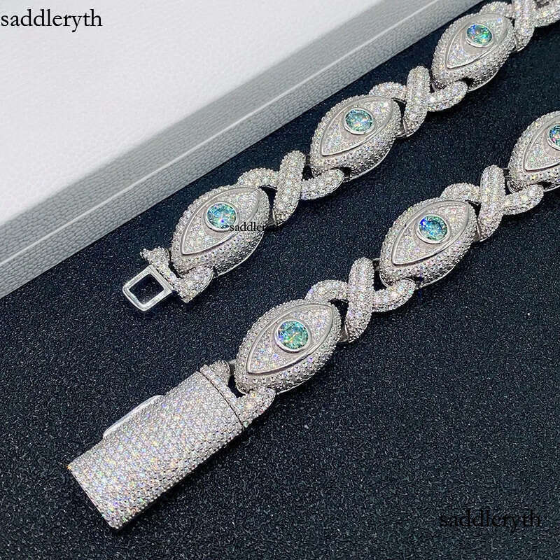 INS hot selling 15mm wide S sier inlaid moissanite eyes 8-shaped Cuban chain Hip Hop necklace bracelet