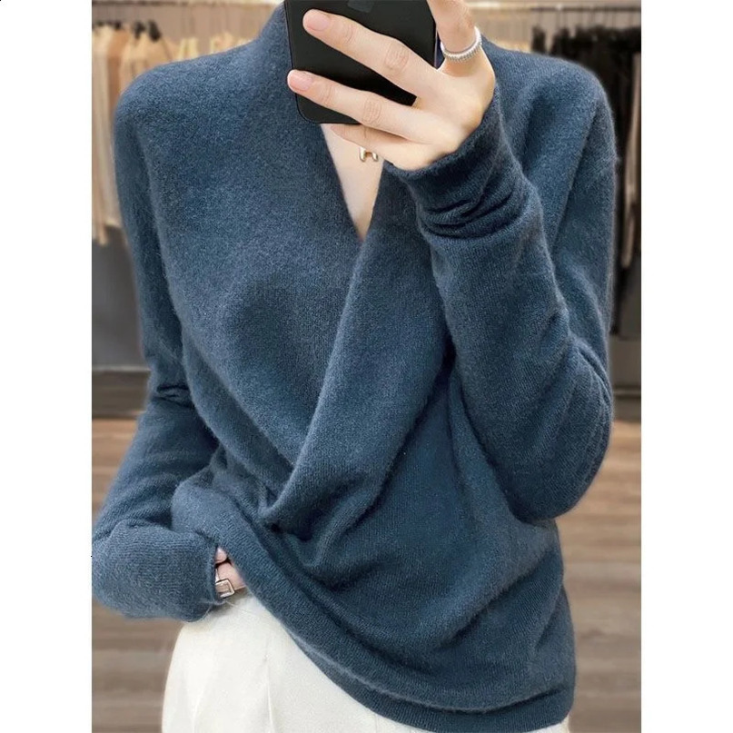 100% Merino wool kimono zipper suitable for womens Vneck loose and fashionable sweaters spring summer cashmere knitted tops 240826