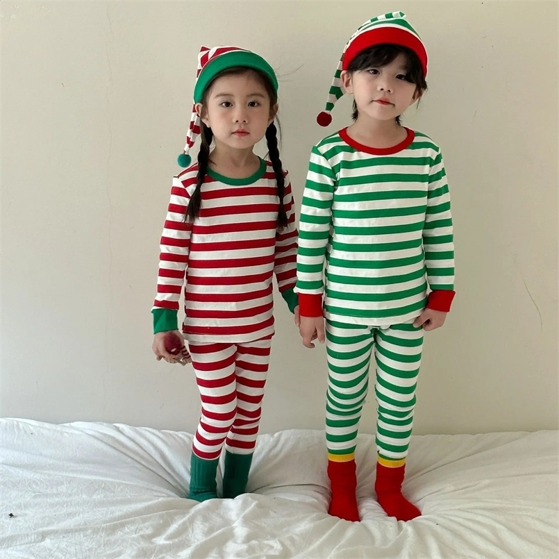 Autumn Winter Kids Girls Christmas Thermal Underwear Baby 2PCS Pajamas Set Cotton Striped Children Girls Homewears With Hat 241120