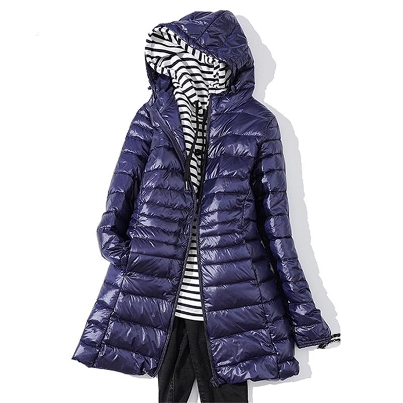 7XL Plus Size Long Down Jacket Women Winter Ultra Light With Hooded Coat Female Big Coats 211011